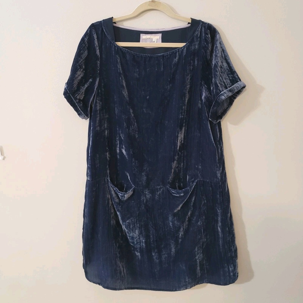Anthropologie Floreat Crushed Velvet Shift Dress Med Y2K Holidays Pockets Blue